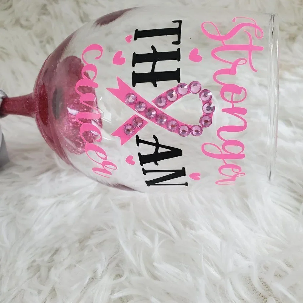 Breast Cancer Wine Glass, Pink Rhinestone Tumbler